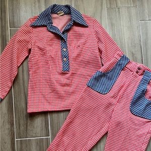 Vintage 1970s 70s comfy polyester gingham bellbottoms pant set shirt outfit